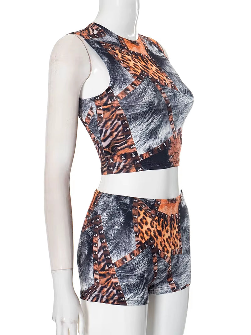 Panelled Printed Women 2 Piece Set Fashion Summer Matching Outfits Y2K O-Neck Tanks+Skinny Shorts Female New Streetwear