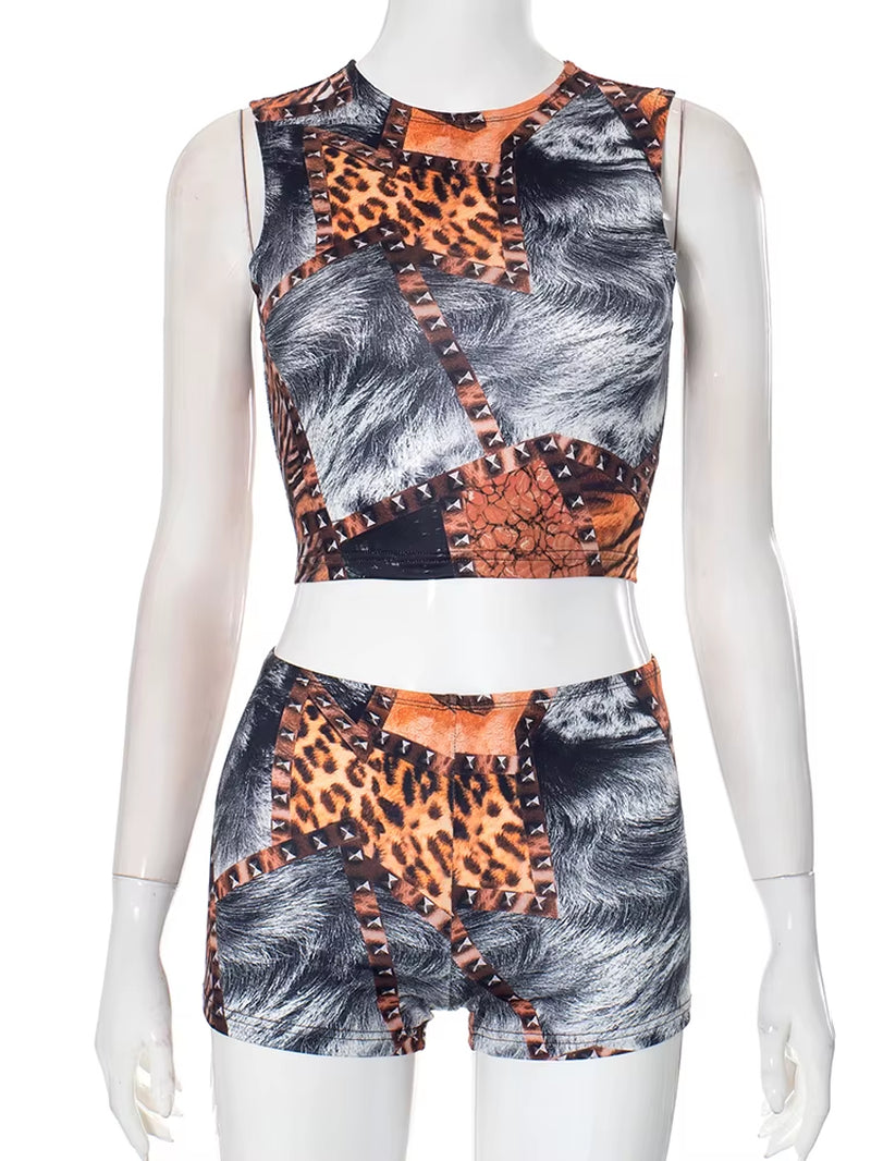 Panelled Printed Women 2 Piece Set Fashion Summer Matching Outfits Y2K O-Neck Tanks+Skinny Shorts Female New Streetwear