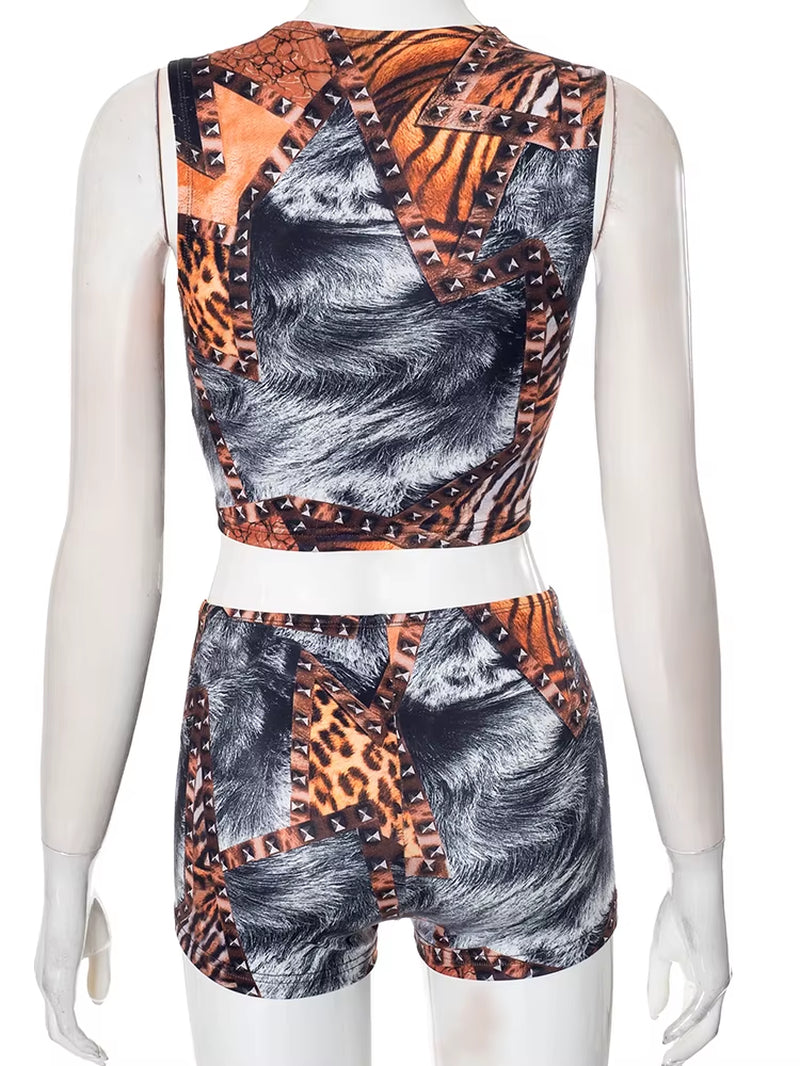 Panelled Printed Women 2 Piece Set Fashion Summer Matching Outfits Y2K O-Neck Tanks+Skinny Shorts Female New Streetwear